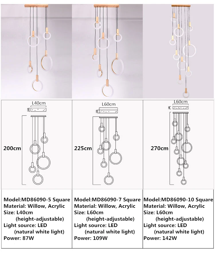 Современный светодиодный подвесной светильник, Деревянный светильник для гостиной, акриловые кольца, подвесные светильники для лестницы, подвесные светильники для столовой