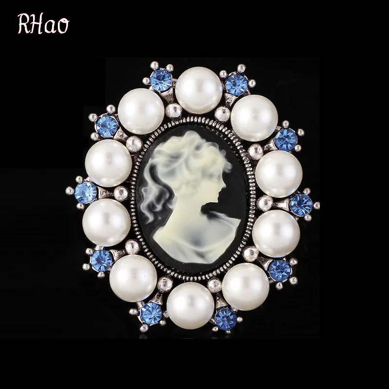 RHao 2017 New Elegant beauty cameo brooches for women Blue Rhinestone