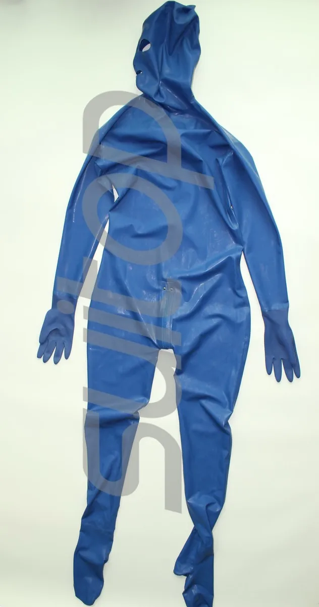 Full cover body latex catsuit  rubber zentai with back zip to lower abdomens 3 zippers gloves, socks and hoods attahced in blue