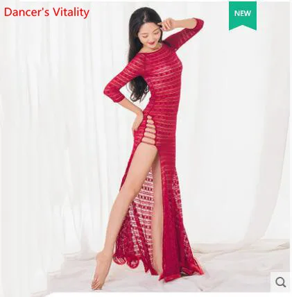 Новое платье для танца живота осень-зима большого размера кружева с длинной юбкой танец живота сиамская одежда платье для женщин танец - Цвет: Красный