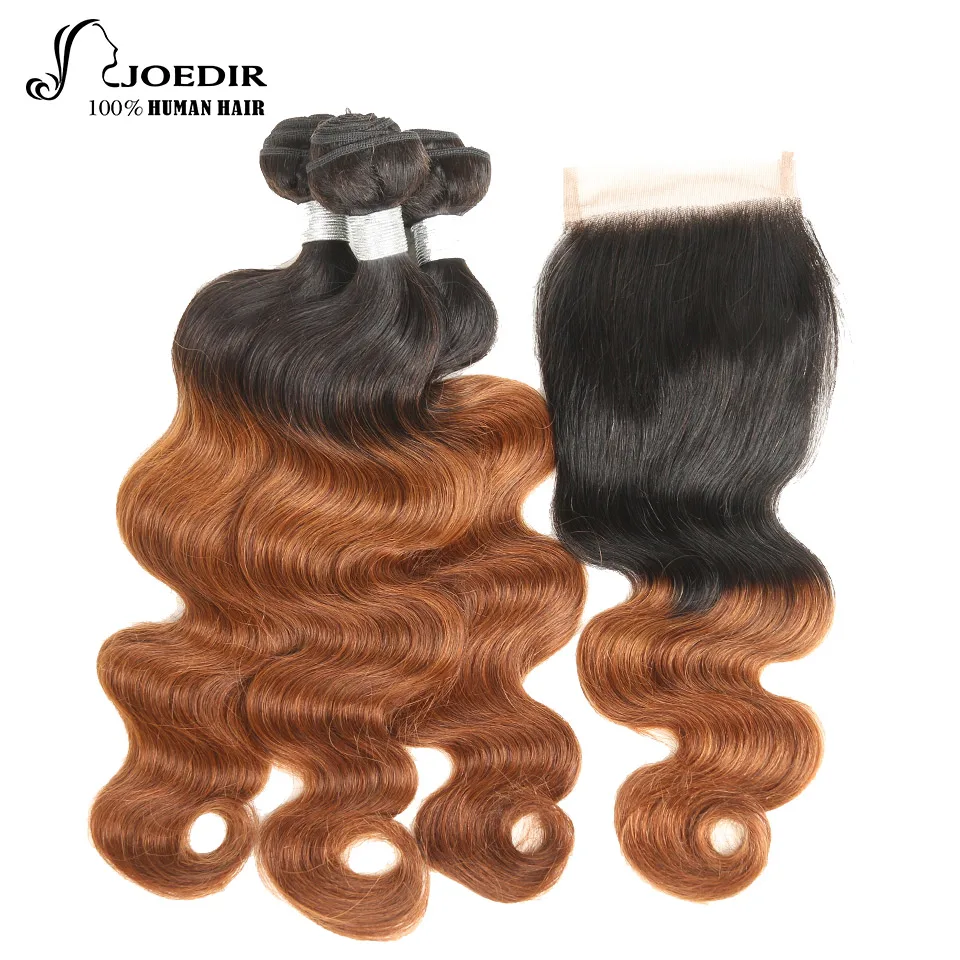 Joedir Ombre Brazilian Human Hair Weave 3 Bundles Body Wave With Closure 1B/30 4x4 Free Part Lace Closure Remy Hair Free Ship brazilian-body-wave-hair-bundles-with-closure