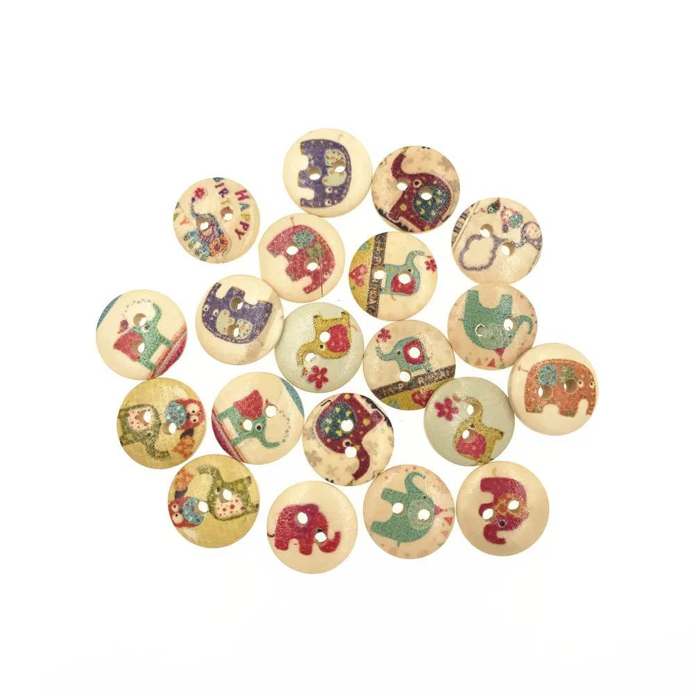 100Pcs/lot Round Wooden Buttons for Clothing Kawaii Elephant Painted Wood Button DIY Scrapbooking Crafts Sewing Accessories 15mm | Дом и сад