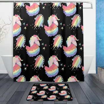 

Cute Colorful Magical Unicorn Waterproof Polyester Fabric Shower Curtain with Hooks Doormat Bath Floor Mat Bathroom Home Decor