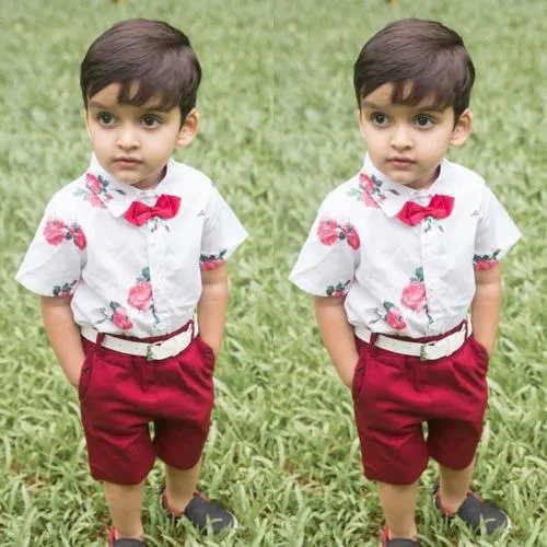 Brand New Floral Baby Boy Gentleman Outfits Suit Short Sleeve Toddler Bow Tie Shirt Tops+Red Shorts Summer Set Kids Clothes 1-7T
