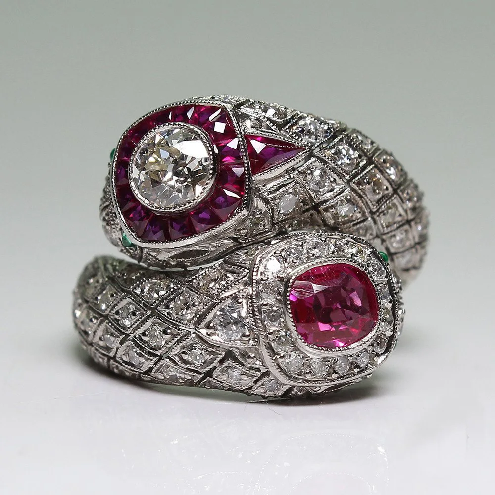 

Big Red Green Crystal Zircon Red Corundum Wedding Rings For Women Color Birthstone Art Trend Snake Ring Valentine Jewelry