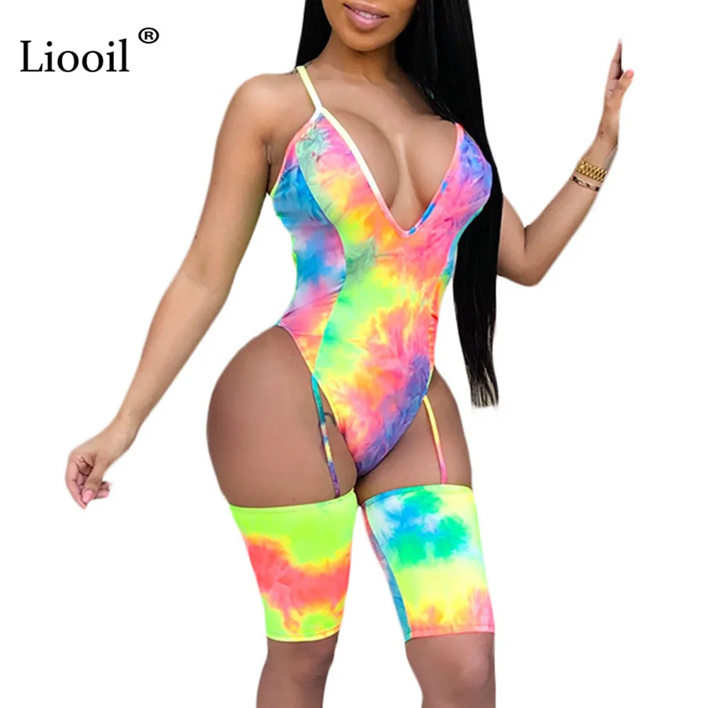 

Liooil Tie Dye Playsuit Women Sexy Jumpsuits Tights 2019 Spaghetti Strap Romper V Neck Hollow Out Party Rompers Womens Jumpsuit