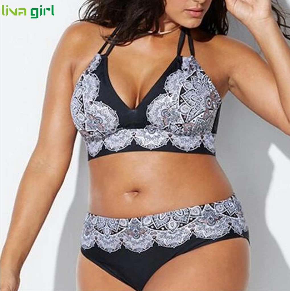 

Liva girl Plus Size Bandage Bikini Mid Waisted Print Padded Swimsuit New Set Maillot De Bain Femme Swim Wear Bathing Suit 5XL