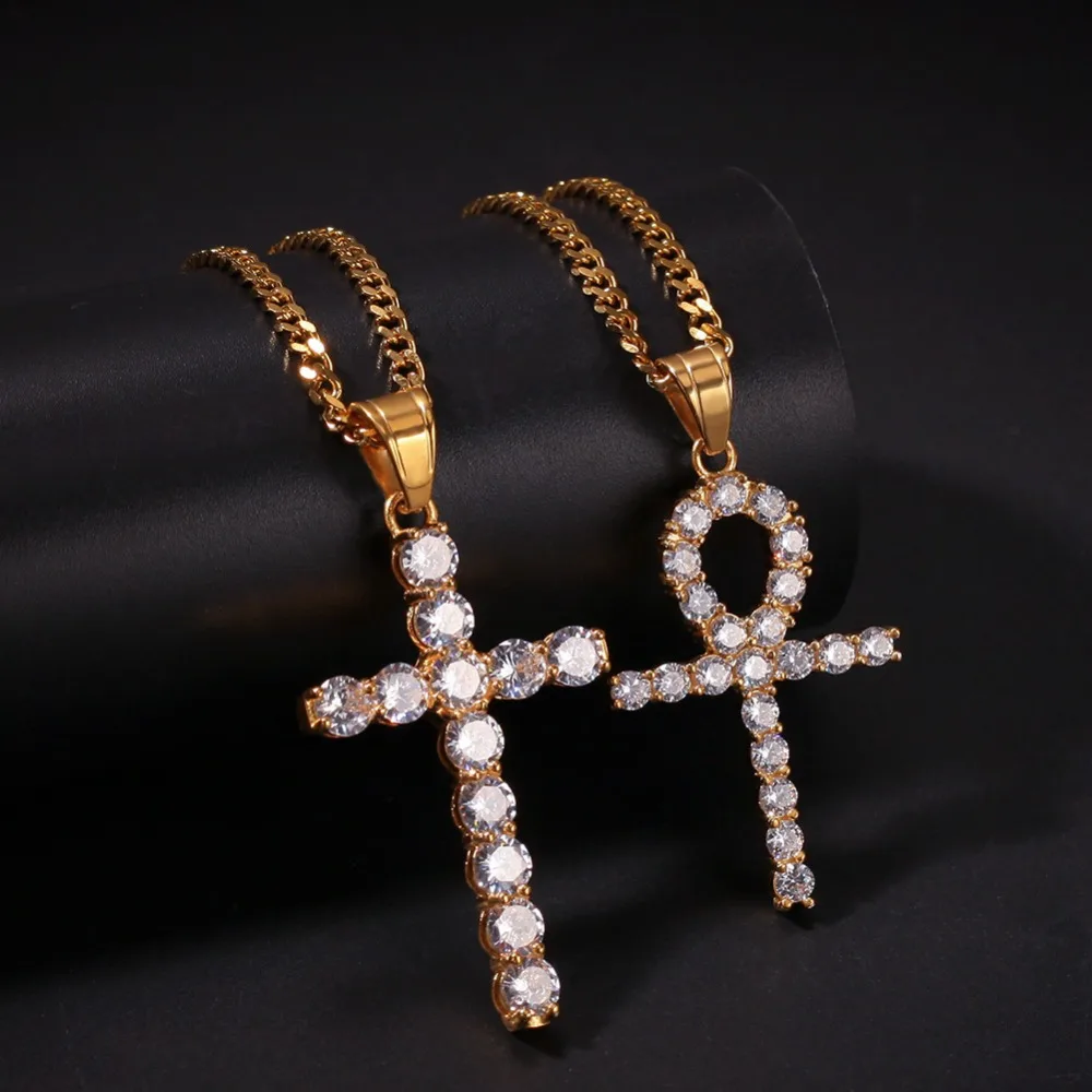 

Hip Hop AAA CZ Stones Bling Ice Out Ankh Cross Necklace Two Pendants set Men Rapper Jewelry with 24" cuban chain
