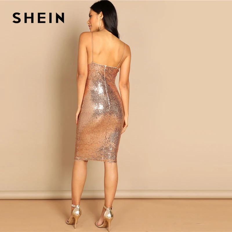 SHEIN Облегающее Платье С Блестками Женское Розовое Сексуальное На Бретелях
