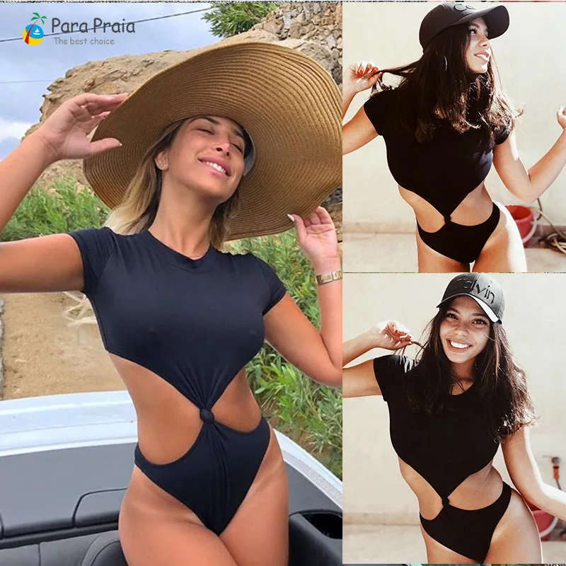 

2019 One Piece Swimsuit Sexy Push Up Swimwear Monokini Bodysuit Black Bathing Suit Women Beachwear Short Sleeve Swimsuit Set