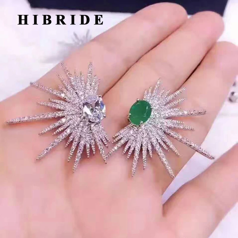 

HIBRIDE White And Greeen Rhinestone CZ Stone Asterism Women Stud Earrings Brincos, Female Bridal Earring For Gifts E-419