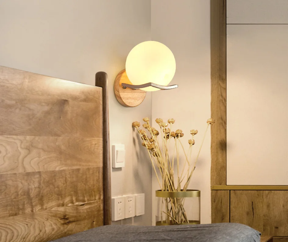 E27 Bulb LED Wall Lamps Sconce Home Hotel Bed room living Corridor Gallery Lighting Modern Nordic Wood Glass Decorative Light (1)