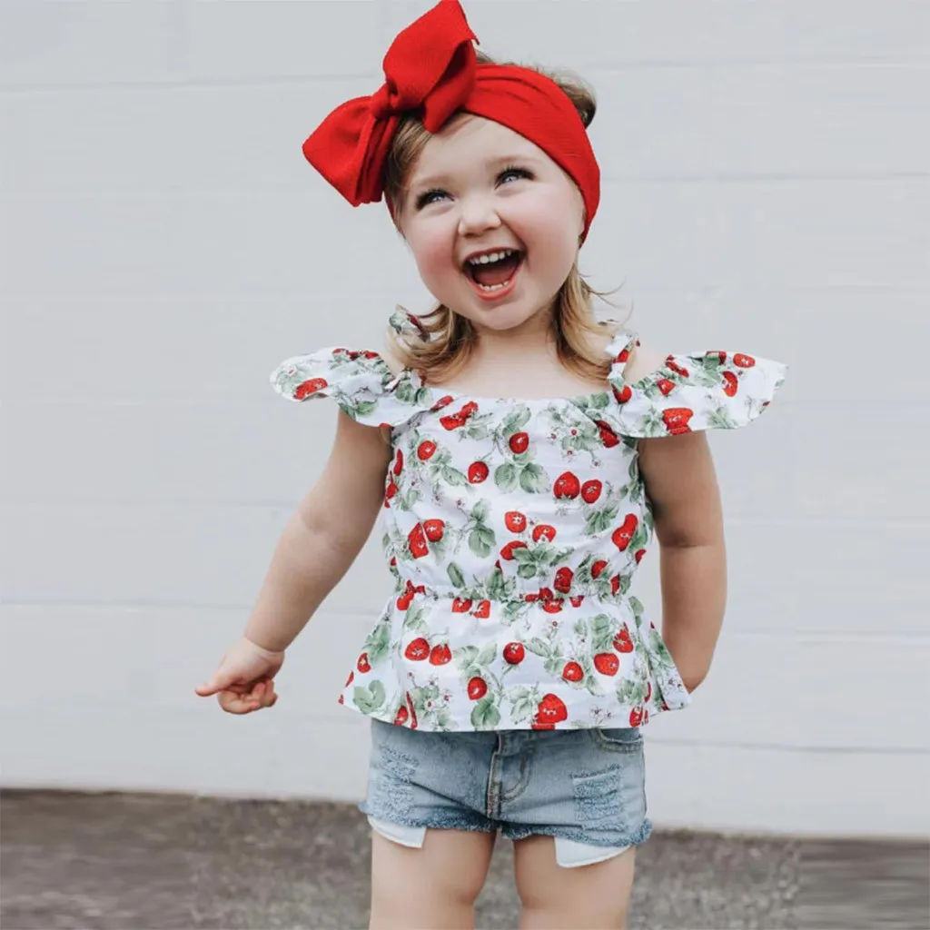 

Toddler Kids Baby Girls Outfits Clothes Cherry Print T-shirt+Denim Shorts Set