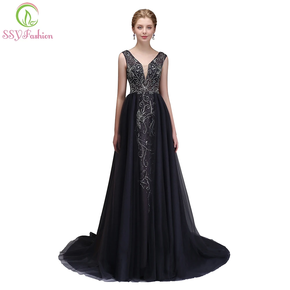 Buy SSYFashion New High end Luxury Evening Dress The Banquet Elegant Navy Blue