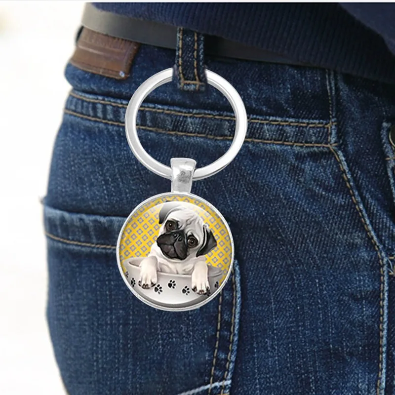 

New Cute Pug Keyring Round Keychain Jewelry Pendant Key Ring for Women As gift
