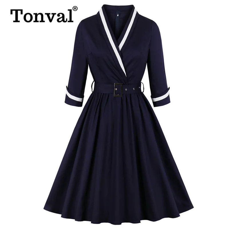 Tonval, винтажный стиль, с поясом, элегантное, плиссированное, осеннее платье, для женщин,, зима, 3/4, длина рукава, для офиса, хлопковые платья