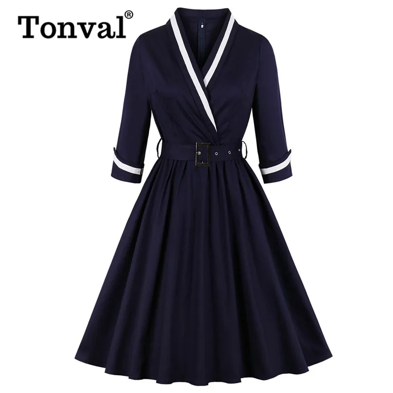 

Tonval Elegant Dress Vintage Style Wrap Belted Pleated Dress 2019 Autumn Three Quarter Sleeve Office Women Dresses