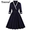 Tonval Vintage Style Wrap Belted Elegant Pleated Autumn Dress Women 2022 Winter 3/4 Length Sleeve Office Cotton Dresses ► Photo 1/6