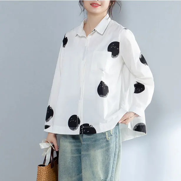 F&JE New Spring Women Shirts Plus Size Long Sleeve Cotton Linen Button Casual Shirts Vintage Polka Dot Print Vintage Blouses P11 satin blouse