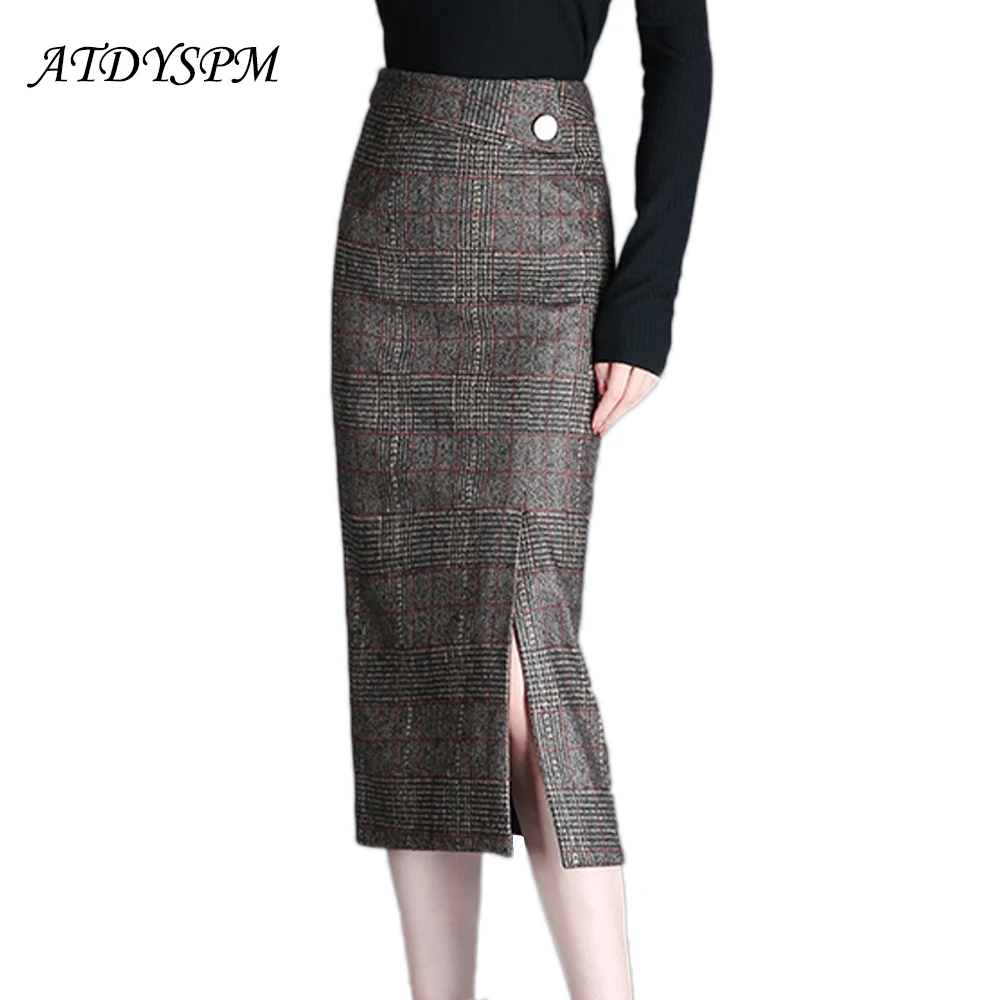 ATDYSPM, женские зимние утепленные шерстяные юбки, высокая талия, разрезная винтажная юбка-карандаш, британский стиль, клетчатые юбки, женские офисные юбки