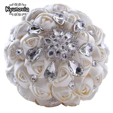 Kyunovia Rhinestones Wedding Bouquet Satin Flowers Crystal Ivory Bridal Custom FE38