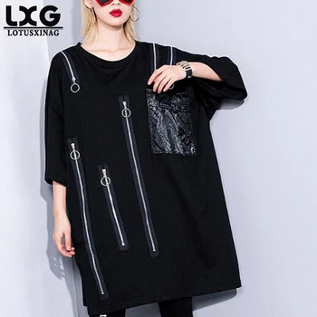 

lotusxinagMaternity New Spring Summer Round Neck Three-quarter Sleeve Black Zipper Pocket Stitch Big Size T-shirt Women Fashion