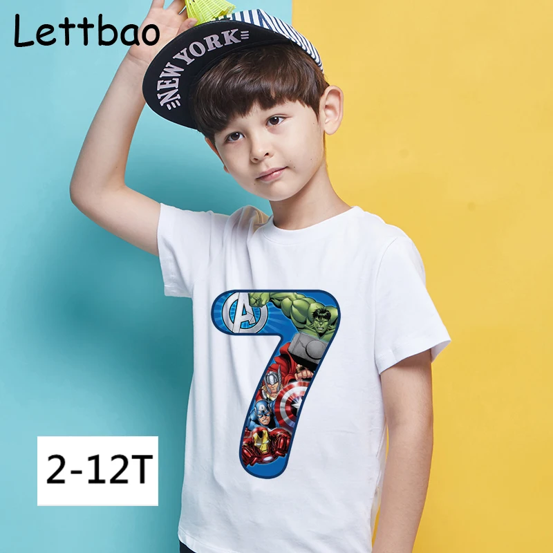 

New Marvel Super Hero Happy Birthday 2 To 12 Number Children's T-shirt Avengers Endgame The Hulk Iron Man Print T-shirt for Boy