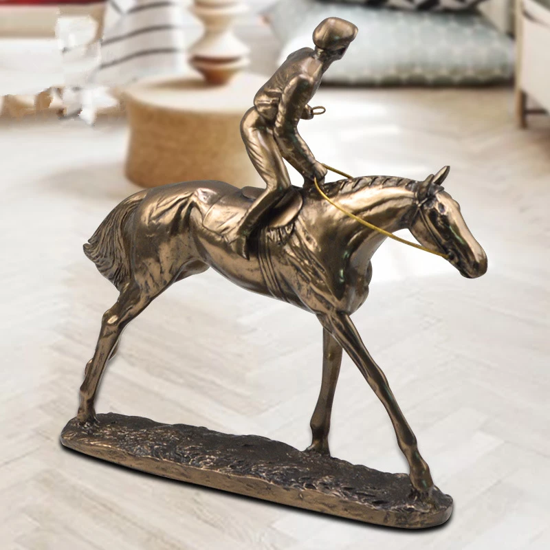 الرجعية واحدة الحصان سباق تمثال الحيوان الفارس الراتنج و النحاس الفن والحرف المنزل الديكور هدية تذكارية رياضية L3214