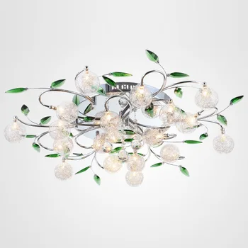 

Modern Glass Ball Aluminum Wire Parlor Ceiling Lamp Stainless Steel Top Green Crystal Leaf Living Room Bedroom Ceiling Lamps