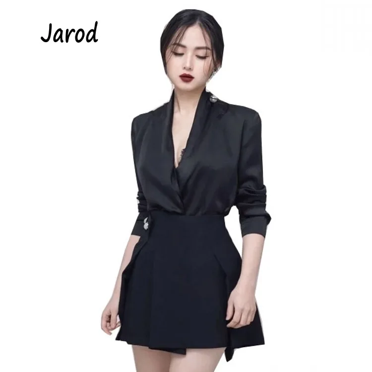 

Newest Spring Fashion Designer 2 Piece Set Women Sexy Deep V Neck Black Long shirt tops + Button Mini Skirt Suits