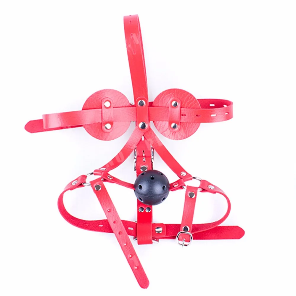 Mouth Plug Ball Gag Eye Mask Head PVC Leather Bondage Belt Slave In