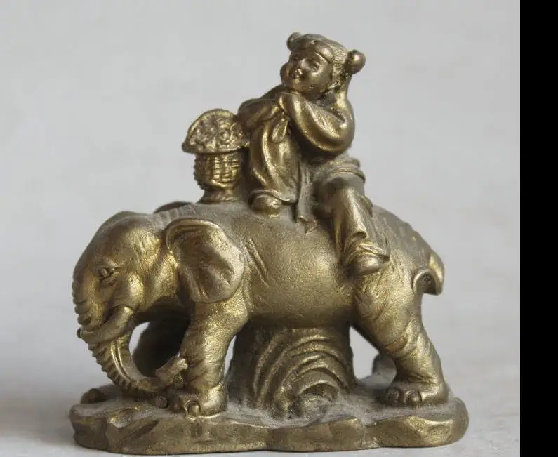 

671115848*++Chinese Palace Brass TongZi Boy Hold Basket Wealth Ride Animal Elephant Statue