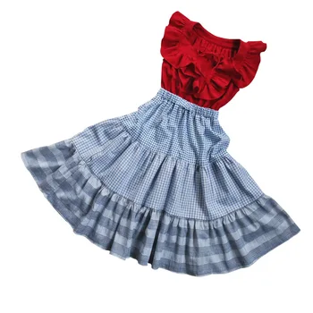 

3-15Y Girls Summer Dress New Ruffle Lattice Stitching Sleeveless Dresses High Waist Plaid Cotton England Style Girl Dress CA917