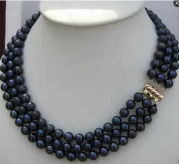

free shipping Triple strands AAA 8-9 mm Real south sea black pearl necklace 18"