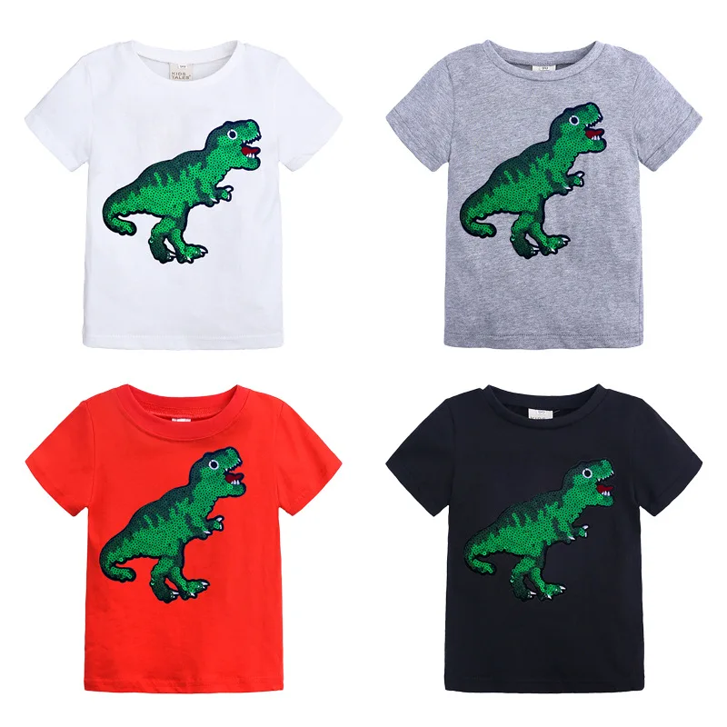2019 Summer cartoon dinosaur boys t-shirt kid clothes toddler t shirt short sleeve tops kids tshirt sequined white red black