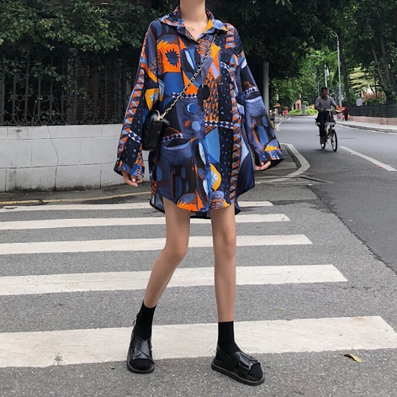 

Women Retro Long Sleeve Loose Blouse Korean Shirt Tops 3D Printed Blouse Lady Office Shirt Casual Loose Tops