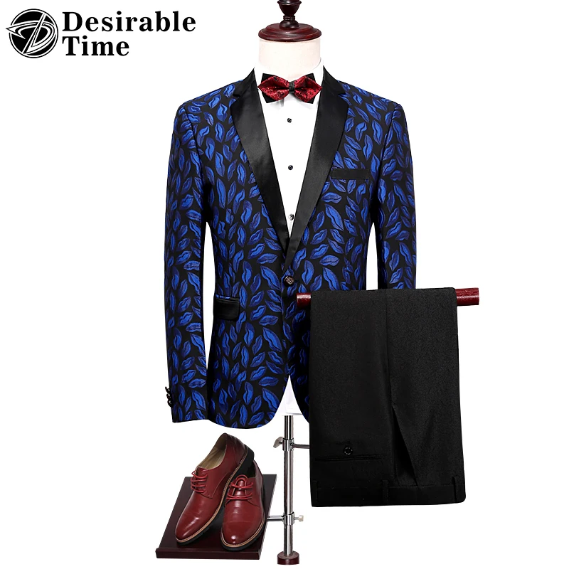 Mens Royal Blue Floral Suit for Wedding Groom Fashion Designer Mens