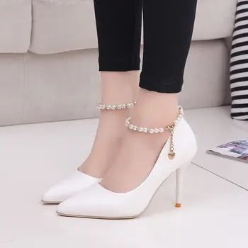 

White Women Wedding Shoes Crystal Preal Ankle Strap Bridal Shoes Woman Dress Shoes Seay Pumps Sweet Party Shoes