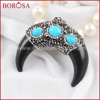 

BOROSA Black Bone Crescent Horn With Three Howlite Greenish Sky Blue Stone Pendant Paved Zircon JAB308