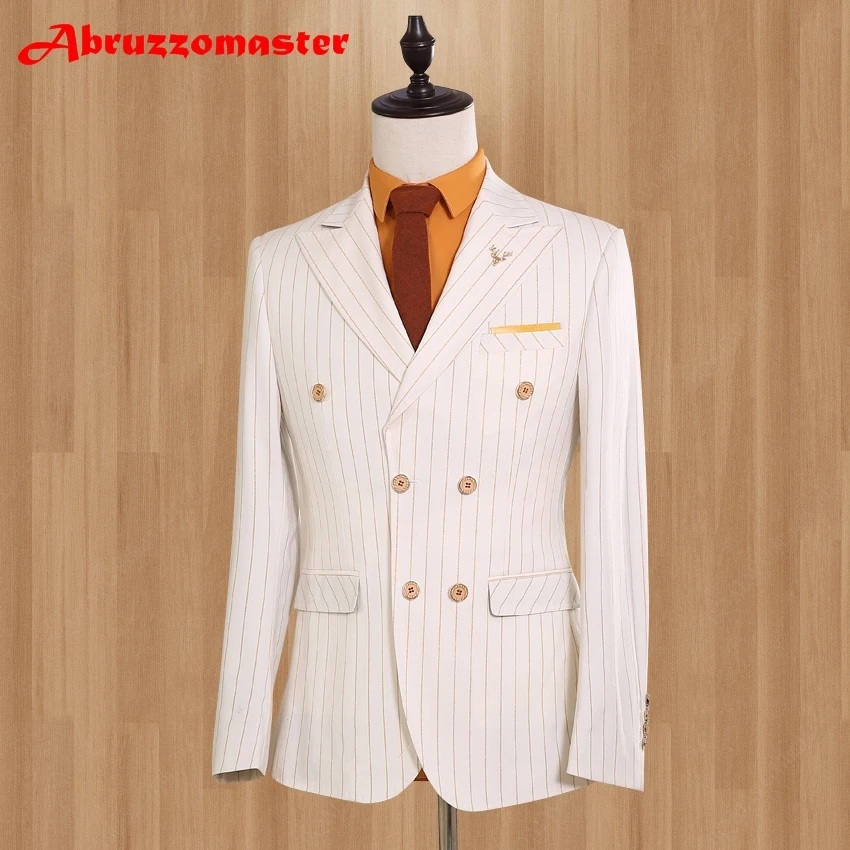 Белые полосатые мужские блейзеры, мода, Брендовые мужские костюмы, куртки, приталенная посадка, 1 шт., остроконечный нагрудный Свадебный костюм, умный