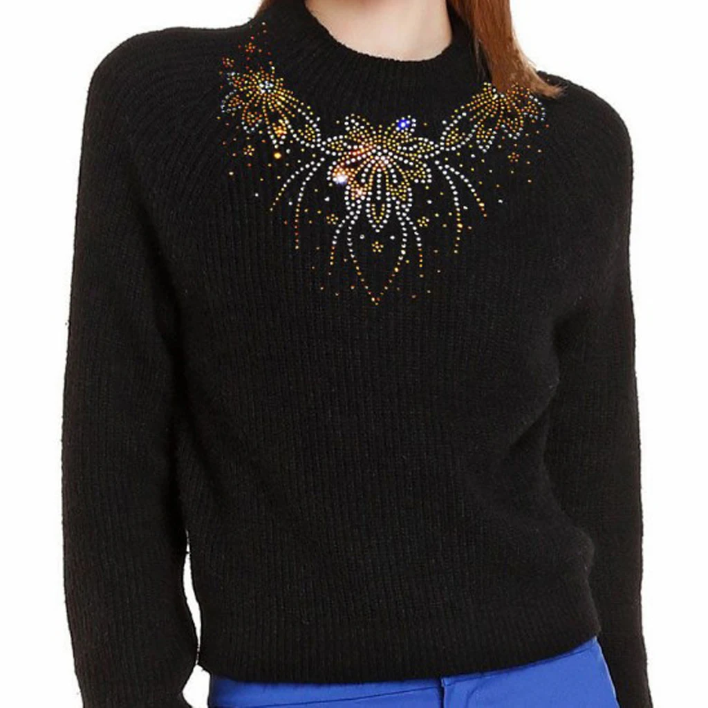 Floral Neckline Collar Trim Rhinestones Iron on Hot Fix Motif Heat Press Applique Patch