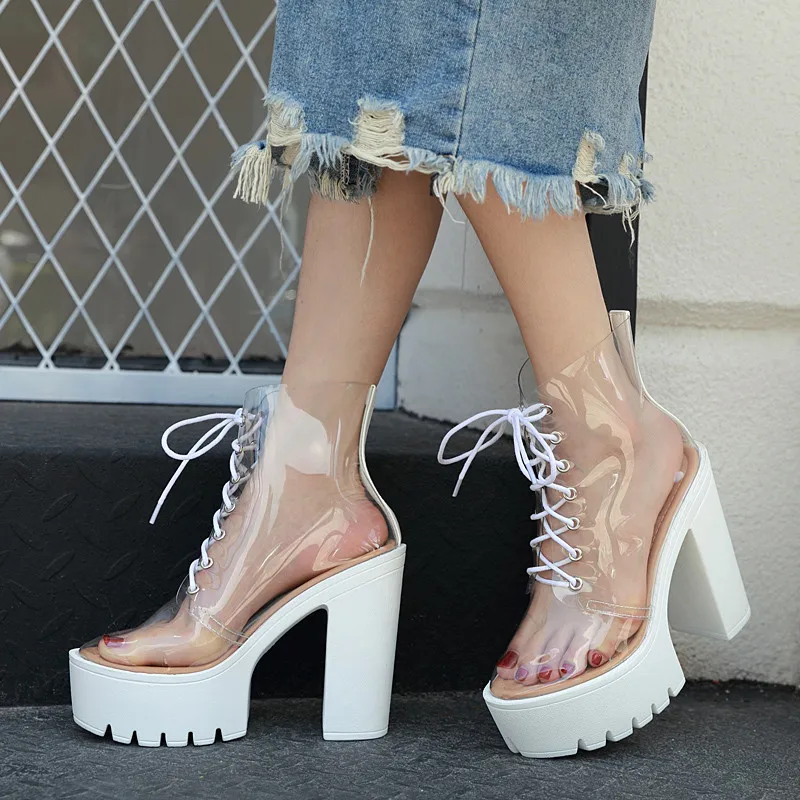 

YMECHIC Autumn 2019 New White Lace Up Punk Clear Transparent Boots Platform Block High Heel Gothic Shoes Womens Booties Footwear