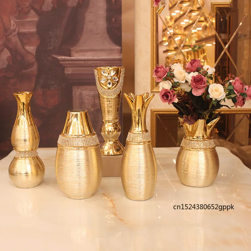 

European Electroplating Ceramic Small Vase Pendant Gold Drawing Exposure Model Room Wedding Flower Shop Decoration