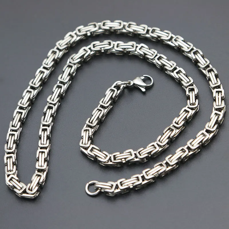 

5mm Men Chain Silver Tone Stainless Steel Byzantine Box Link Necklace for Men Boy