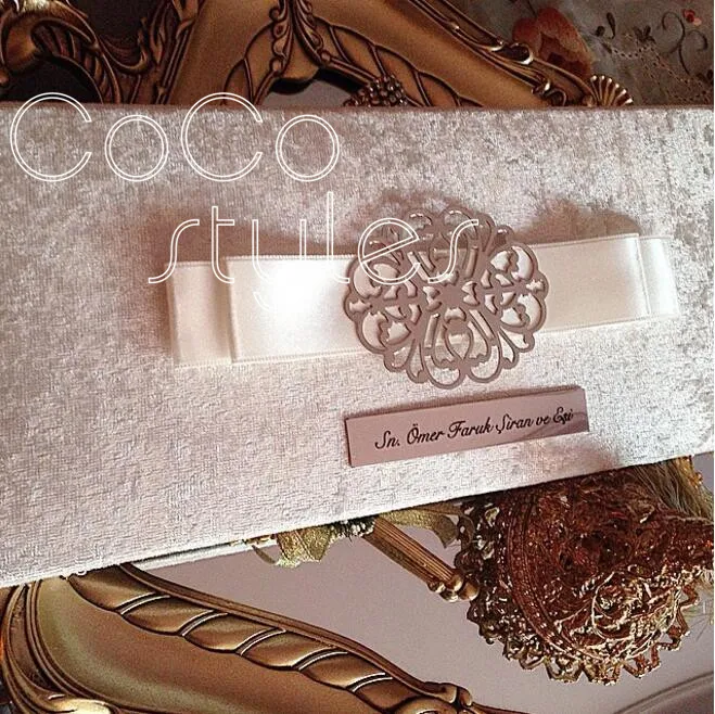  Cocostyles bespoke premium velvet folded foiling invitation card with laser cut logo and ribbon bow - 32867943419