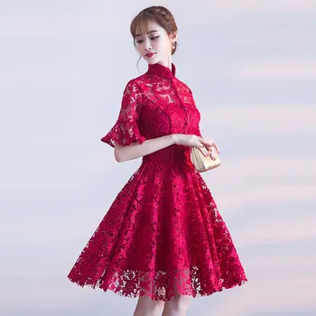 

Chinese Wedding Dress Short Cheongsam Dresses Traditional Evening Gown Princess Modern Lace Wine Red Qipao Bride Traditions