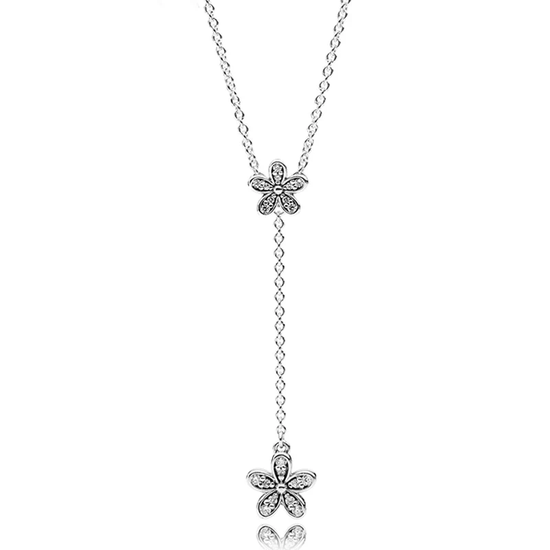 

New 925 Sterling Silver Necklace Dazzling Daisies With Cubic Zirconia Pendant Necklace Women Wedding Gift Fine Pandora Jewelry