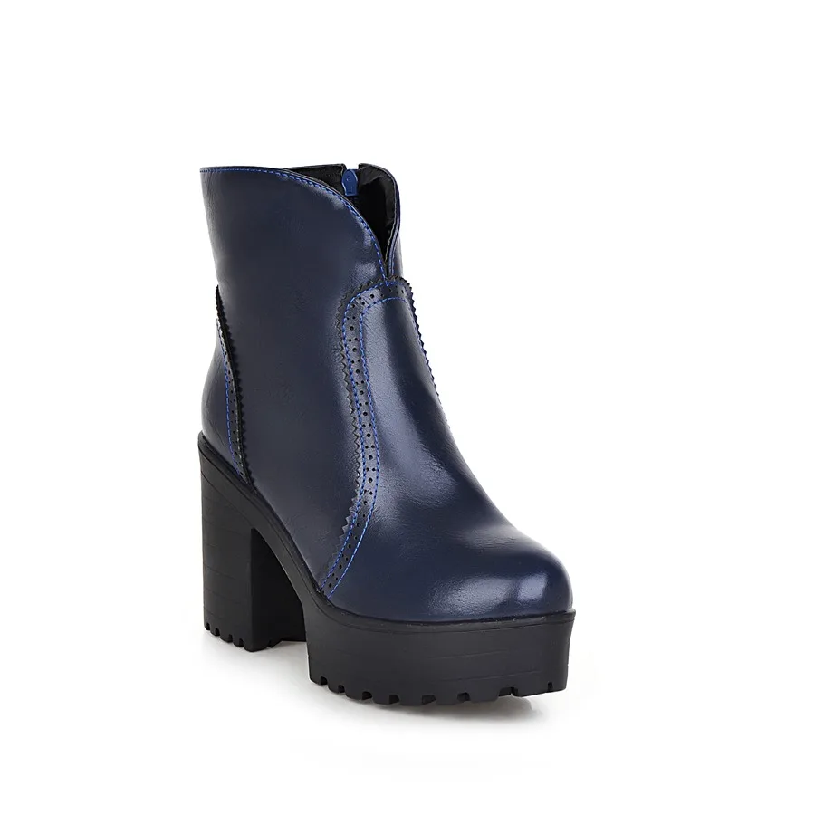 Г. модная зимняя женская обувь синие однотонные ботильоны в стиле панк из PU искусственной кожи на платформе и высоком каблуке с круглым носком Большие размеры 33-45, HLE-088 - Цвет: blue