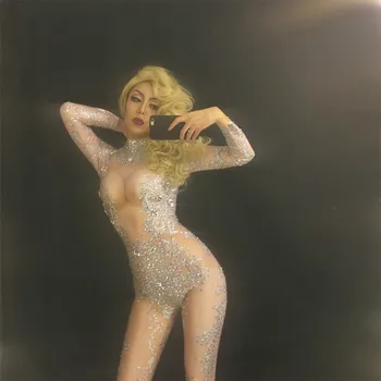 

Female Sparkly Crystals Sexy Jumpsuit Shining Rhinestones Elastic Bodysuit Bar Birthday Party Show Singer Dancer DJDS Costume