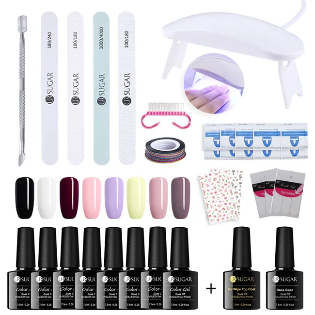 UR SUGAR Full Manicure Nail Set 6W UV LED Lamp with 7.5ml Semi Permanant Color UV Gel Polish Top Base Coat Nail Art Tools Kit - Цвет: 8colors-set1